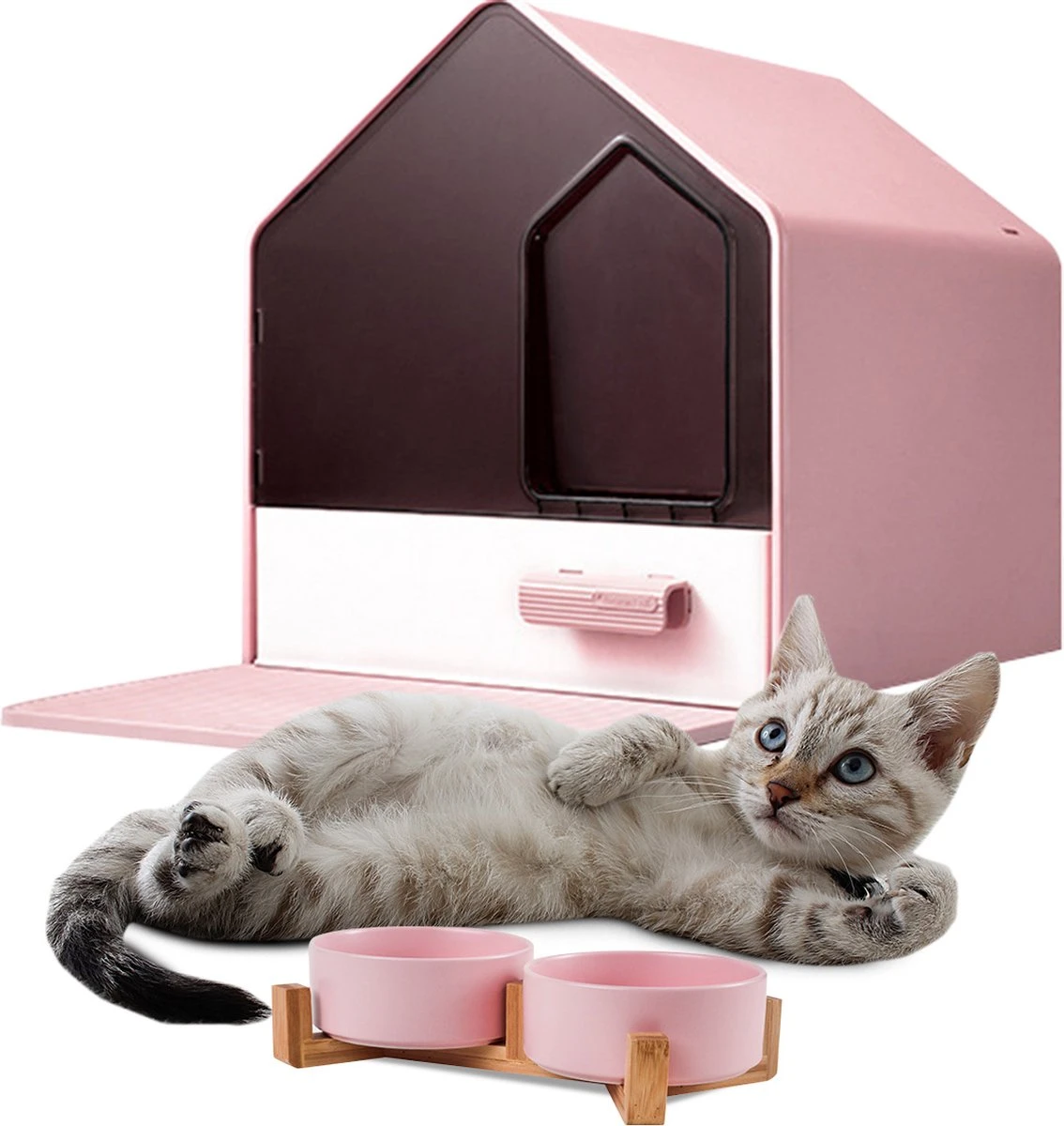 Kattenbak Villa Met Dubbele Voerbak En Kattenbakmat – Kat - Drinkbak – Modern En Stijlvol - Design - Groen 5 Kattenbak Villa Met Dubbele Voerbak En Kattenbakmat – Kat - Drinkbak – Modern En Stijlvol - Design - Groen - Afbeelding 3