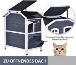 PawHut Kattenhuis Voor Buiten Kattenhut Met 2 Verdiepingen Kattenvilla, Asfaltdak, Massief Hout Grijs D30-236 22 PawHut Kattenhuis Voor Buiten Kattenhut Met 2 Verdiepingen Kattenvilla, Asfaltdak, Massief Hout Grijs D30-236 -Winkel Voor Kattenbenodigdheden 1200x1026