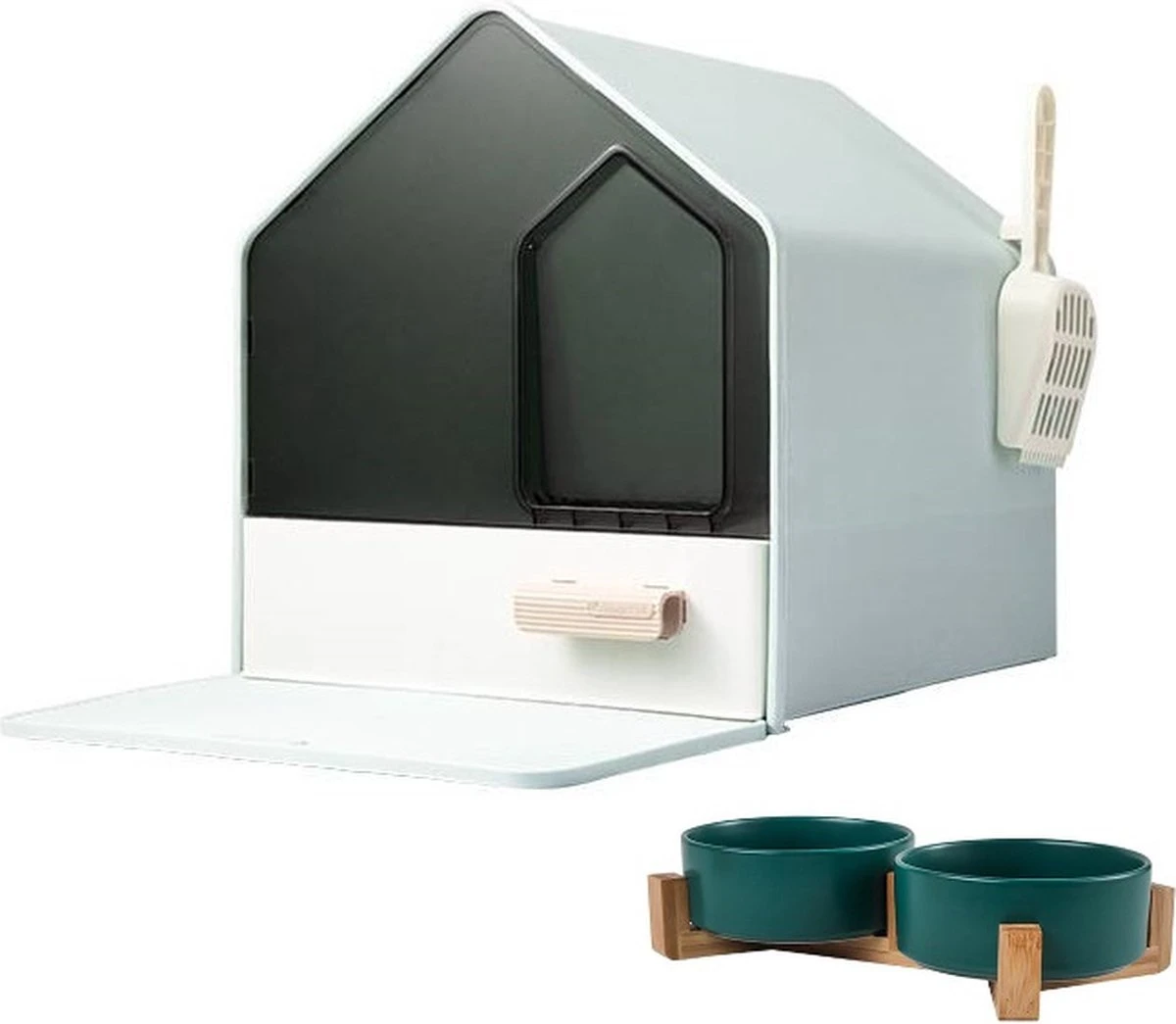 Kattenbak Villa Met Dubbele Voerbak En Kattenbakmat – Kat - Drinkbak – Modern En Stijlvol - Design - Groen 3 Kattenbak Villa Met Dubbele Voerbak En Kattenbakmat – Kat - Drinkbak – Modern En Stijlvol - Design - Groen