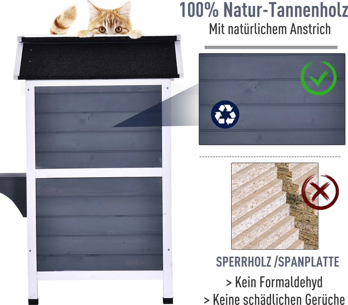 PawHut Kattenhuis Voor Buiten Kattenhut Met 2 Verdiepingen Kattenvilla, Asfaltdak, Massief Hout Grijs D30-236 10 PawHut Kattenhuis Voor Buiten Kattenhut Met 2 Verdiepingen Kattenvilla, Asfaltdak, Massief Hout Grijs D30-236 - Afbeelding 8