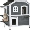 PawHut Kattenhuis Voor Buiten Kattenhut Met 2 Verdiepingen Kattenvilla, Asfaltdak, Massief Hout Grijs D30-236 -Winkel Voor Kattenbenodigdheden 1200x1065 4