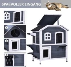 PawHut Kattenhuis Voor Buiten Kattenhut Met 2 Verdiepingen Kattenvilla, Asfaltdak, Massief Hout Grijs D30-236 19 PawHut Kattenhuis Voor Buiten Kattenhut Met 2 Verdiepingen Kattenvilla, Asfaltdak, Massief Hout Grijs D30-236 -Winkel Voor Kattenbenodigdheden 1200x1130 1