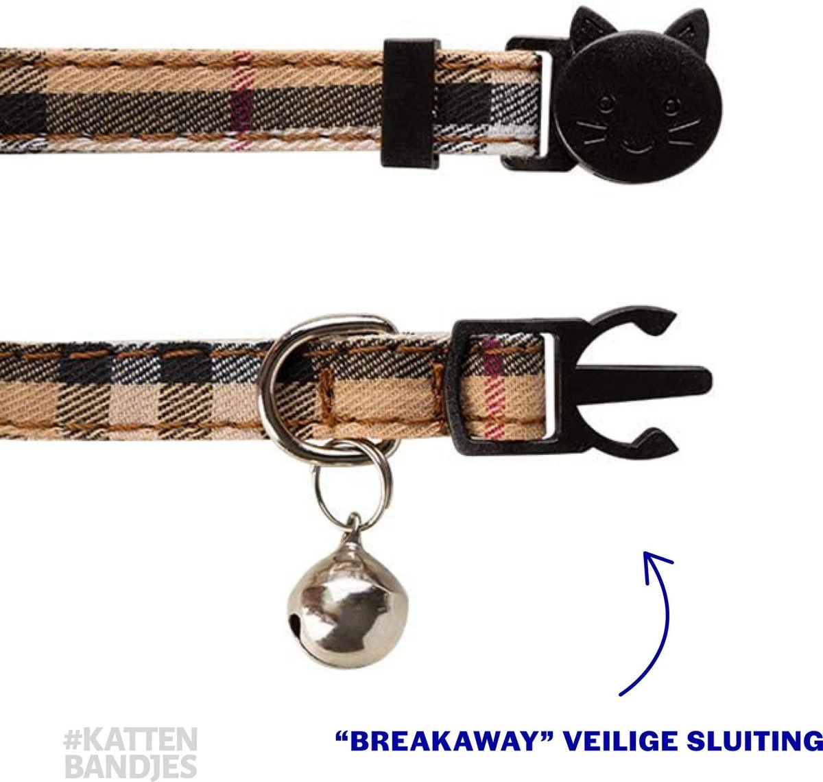 Halsband Kat | Kattenband | Kattenhalsbandje | Kitten | Kattenbandje Met Belletje | Kattenhalsbandjes Met Veiligheidssluiting In Dé Klassieke Beige Ruit 5 Halsband Kat | Kattenband | Kattenhalsbandje | Kitten | Kattenbandje Met Belletje | Kattenhalsbandjes Met Veiligheidssluiting In Dé Klassieke Beige Ruit - Afbeelding 3