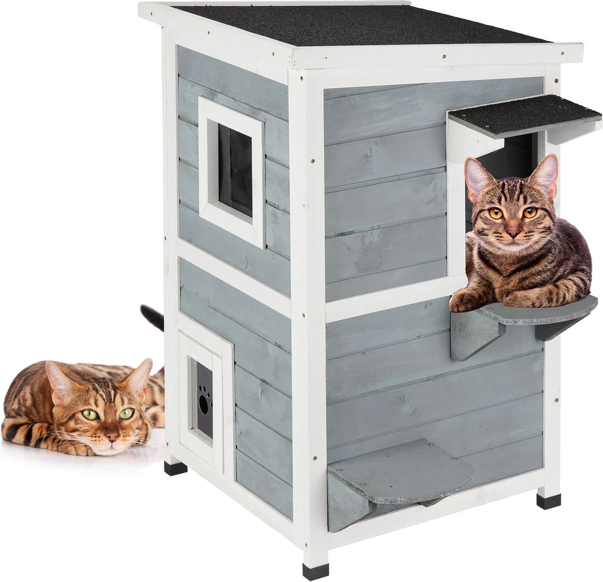 Relaxdays Kattenhuis Buiten - Groot Kattenhok Binnen - Hoog Kattenmeubel Grijs Hout - Tuin 3 Relaxdays Kattenhuis Buiten - Groot Kattenhok Binnen - Hoog Kattenmeubel Grijs Hout - Tuin