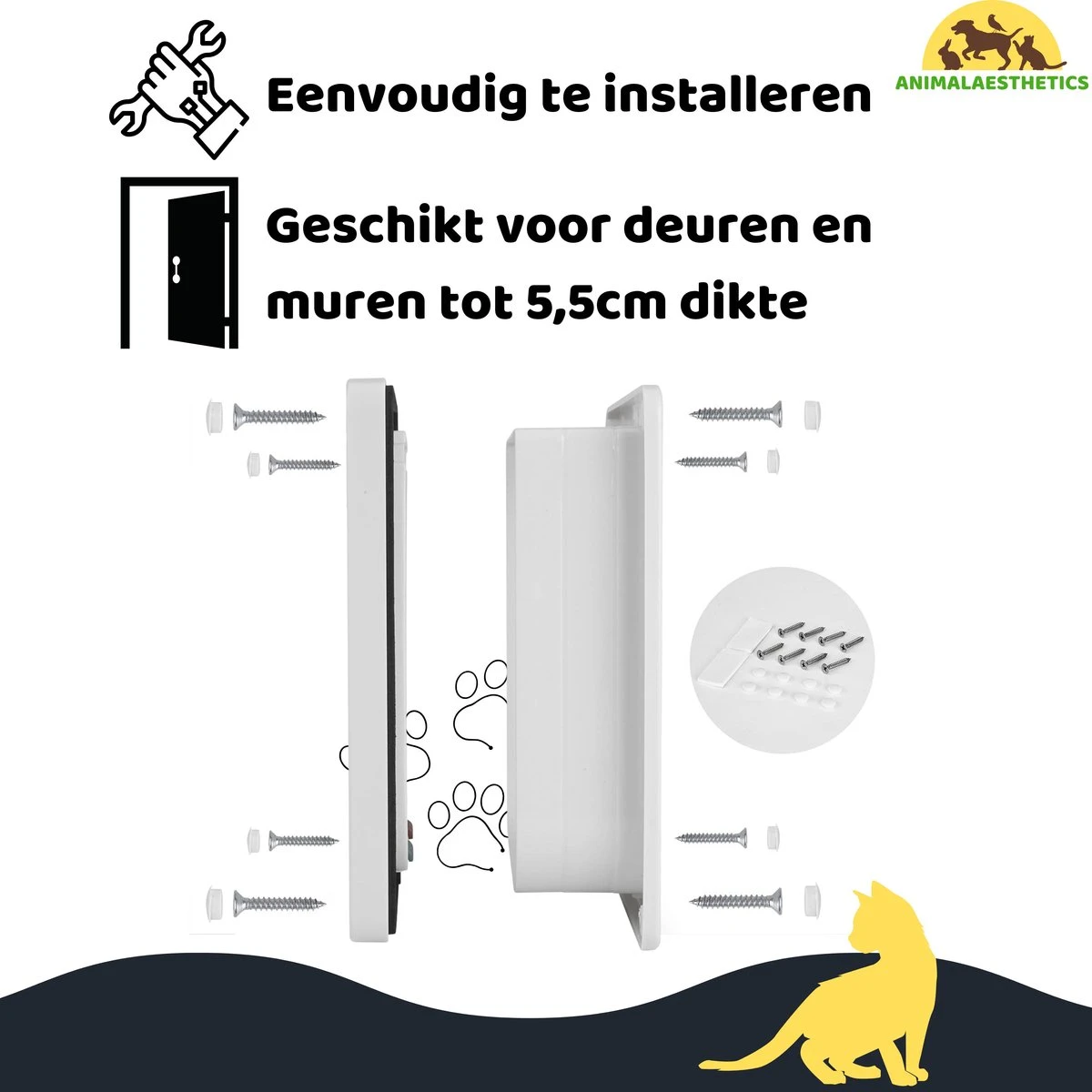AnimalAesthetics® Kattenluik - Wit- M - Voor Middelgrote & Kleine Katten - Incl. Montageset En Handleiding 6 AnimalAesthetics® Kattenluik - Wit- M - Voor Middelgrote & Kleine Katten - Incl. Montageset En Handleiding - Afbeelding 4
