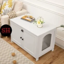 Merkloos Signature Home Wittykitty Kattenbak - Kattenkast - Kattenbakkast - Kattenhuis Met Deur En Aparte Scheidingswand - Kattenbak Opbergdoos - Wit - 80 X 54 X 50.5 Cm -Winkel Voor Kattenbenodigdheden 1200x1200 896