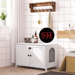 Merkloos Signature Home Wittykitty Kattenbak - Kattenkast - Kattenbakkast - Kattenhuis Met Deur En Aparte Scheidingswand - Kattenbak Opbergdoos - Wit - 80 X 54 X 50.5 Cm -Winkel Voor Kattenbenodigdheden 1200x1200 897