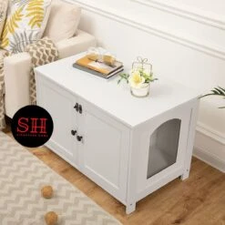 Merkloos Signature Home Wittykitty Kattenbak - Kattenkast - Kattenbakkast - Kattenhuis Met Deur En Aparte Scheidingswand - Kattenbak Opbergdoos - Wit - 80 X 54 X 50.5 Cm -Winkel Voor Kattenbenodigdheden 1200x1200 898