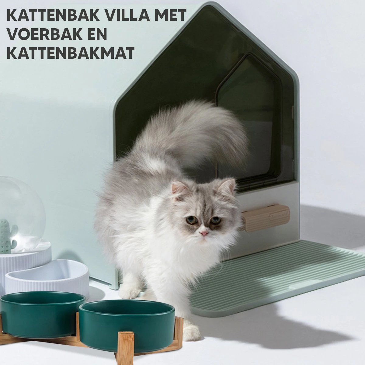 Kattenbak Villa Met Dubbele Voerbak En Kattenbakmat – Kat - Drinkbak – Modern En Stijlvol - Design - Groen 11 Kattenbak Villa Met Dubbele Voerbak En Kattenbakmat – Kat - Drinkbak – Modern En Stijlvol - Design - Groen - Afbeelding 9