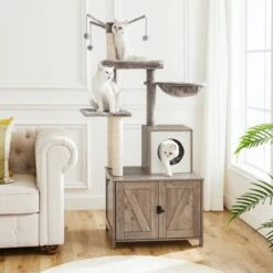 Signature Home Catty Krabpaal Met Kattenbak - Kattenbakkast - Kattenhuis Met Deur En Slot - Krabpalen Met Hangmat Mand Katten Huis - Kattenbakmeubel Verborgen - Alles-in-één Kattenspeelgoed Met Kattenhuis - Grijs - 60cm X 150cm X 48cm -Winkel Voor Kattenbenodigdheden 1200x1200 961