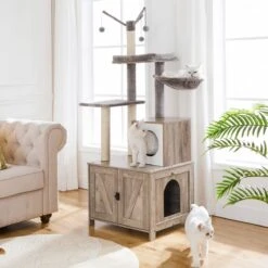 Signature Home Catty Krabpaal Met Kattenbak - Kattenbakkast - Kattenhuis Met Deur En Slot - Krabpalen Met Hangmat Mand Katten Huis - Kattenbakmeubel Verborgen - Alles-in-één Kattenspeelgoed Met Kattenhuis - Grijs - 60cm X 150cm X 48cm -Winkel Voor Kattenbenodigdheden 1200x1200 962