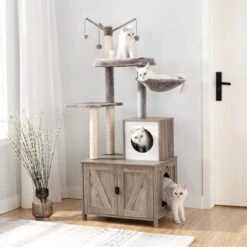 Signature Home Catty Krabpaal Met Kattenbak - Kattenbakkast - Kattenhuis Met Deur En Slot - Krabpalen Met Hangmat Mand Katten Huis - Kattenbakmeubel Verborgen - Alles-in-één Kattenspeelgoed Met Kattenhuis - Grijs - 60cm X 150cm X 48cm -Winkel Voor Kattenbenodigdheden 1200x1200 964