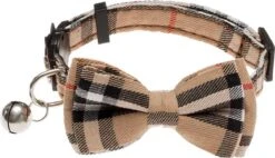 Kattenhalsband Ruit Met Strik | Halsband Kat | Kattenband | Kitten | Kattenbandje Met Veiligheidssluiting En Belletje | Kattenhalsbandje Met Strik In Dé Klassieke Beige Ruit