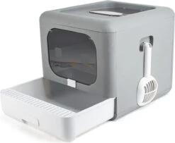 Kattenbak | 2 Ingangen | Opening Bovenkant En Onder | Inklapbaar | Grijs