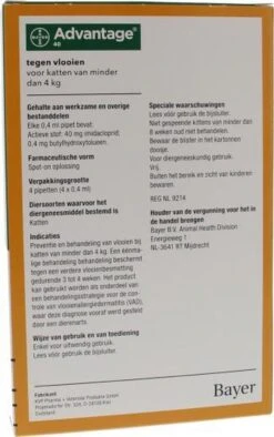Bayer Advantage 40 Tegen Vlooien - <4kg - 4 X 0,4 Ml - Adult 30 Bayer Advantage 40 Tegen Vlooien - <4kg - 4 X 0,4 Ml - Adult -Winkel Voor Kattenbenodigdheden 752x1200 2