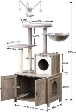 Signature Home Catty Krabpaal Met Kattenbak - Kattenbakkast - Kattenhuis Met Deur En Slot - Krabpalen Met Hangmat Mand Katten Huis - Kattenbakmeubel Verborgen - Alles-in-één Kattenspeelgoed Met Kattenhuis - Grijs - 60cm X 150cm X 48cm -Winkel Voor Kattenbenodigdheden 814x1200 6