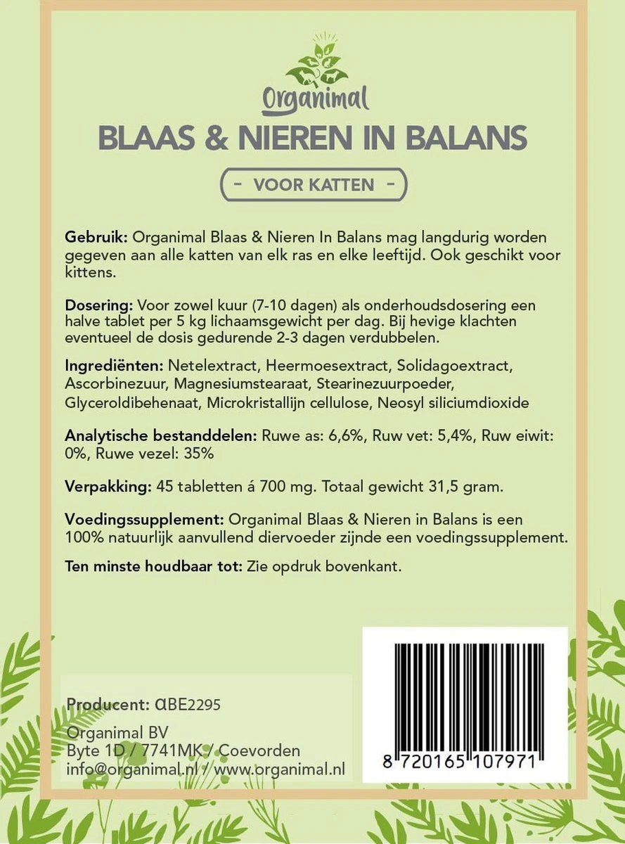 Organimal - Blaas En Nieren In Balans - Kat - O.a. Bij Blaasontsteking En Blaasgruis - 45 Tabletten A 700mg 4 Organimal - Blaas En Nieren In Balans - Kat - O.a. Bij Blaasontsteking En Blaasgruis - 45 Tabletten A 700mg - Afbeelding 2